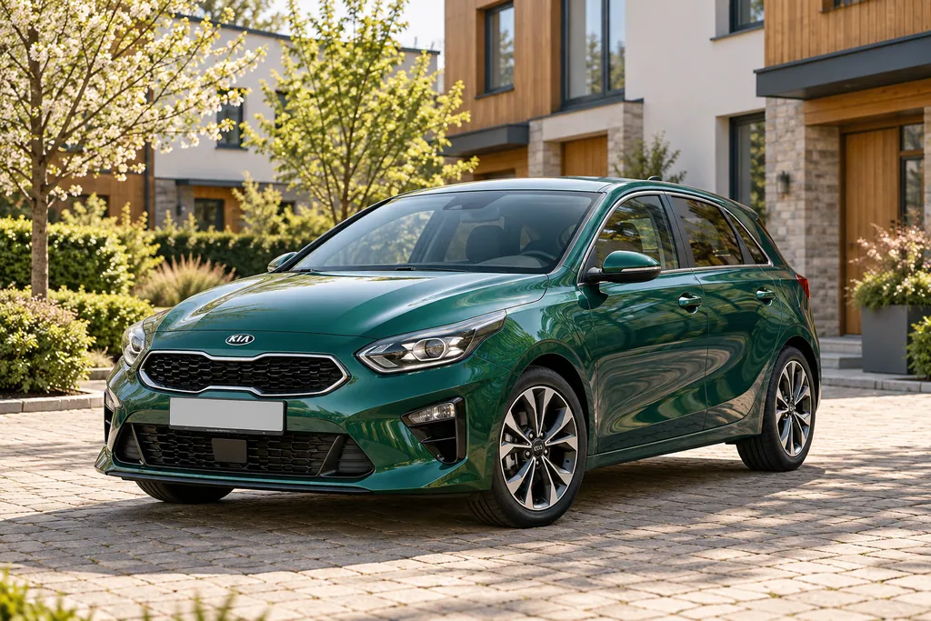 Зелёный хэтчбек Kia Ceed в жилом квартале