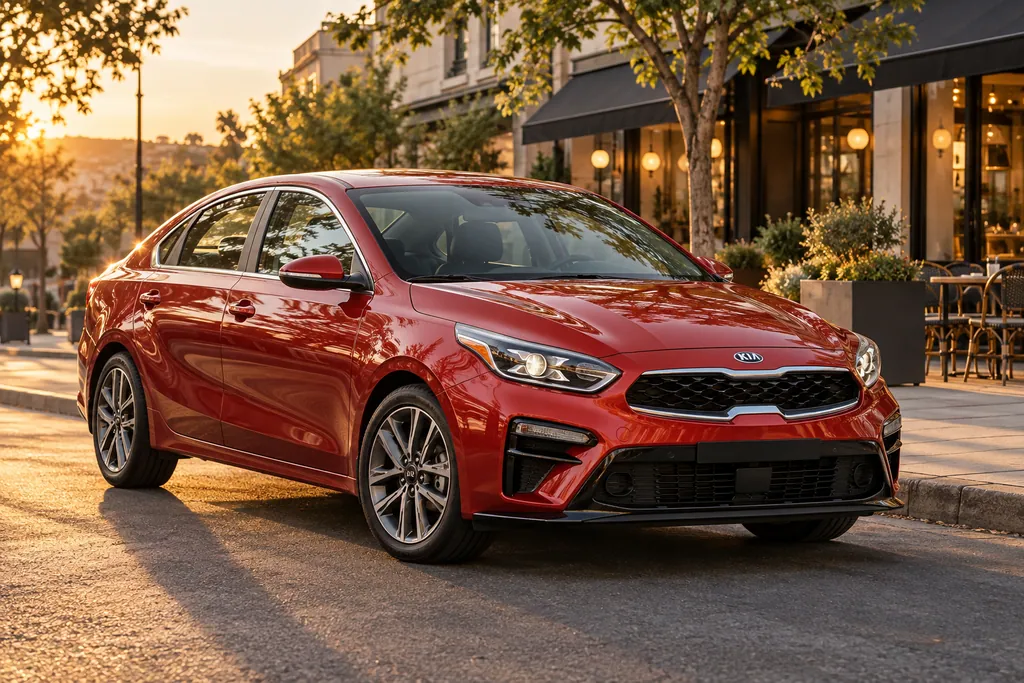 Красный седан Kia Cerato на тихой улице