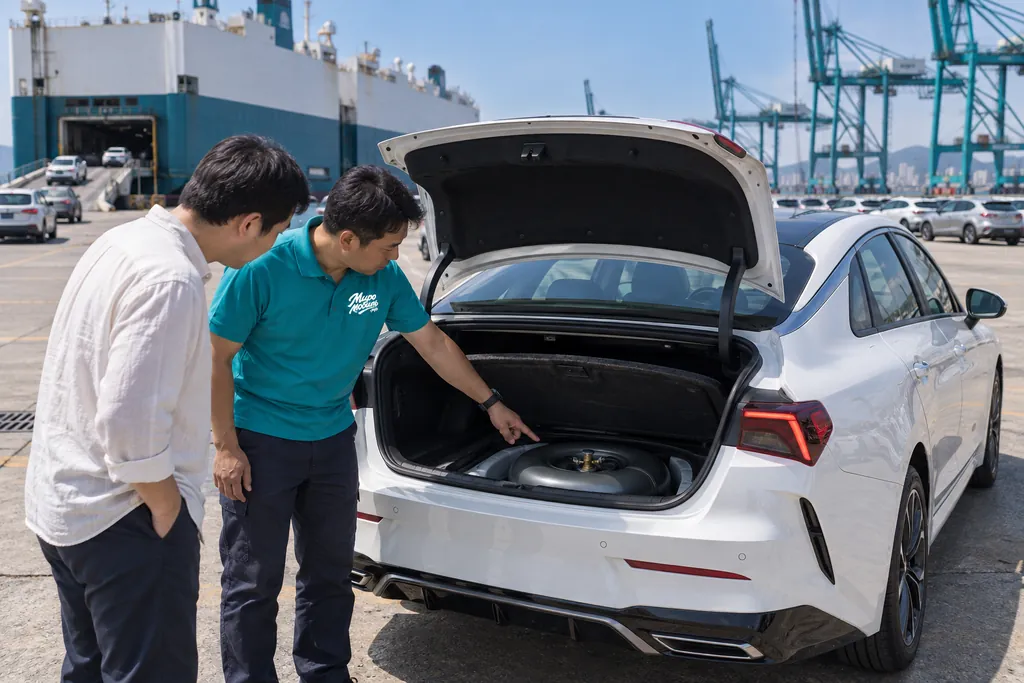 Kia из Кореи: сотрудник МироМобиля показывает газовый баллон-тороид под полом багажника белого Kia K5 в порту
