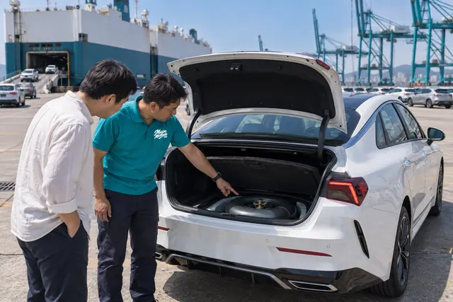 Kia из Кореи: сотрудник МироМобиля показывает газовый баллон-тороид под полом багажника белого Kia K5 в порту