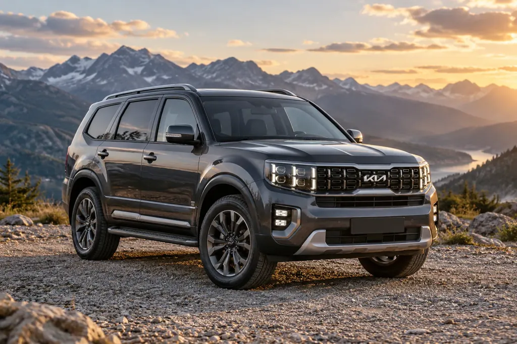 Тёмная Kia Mohave на горной площадке
