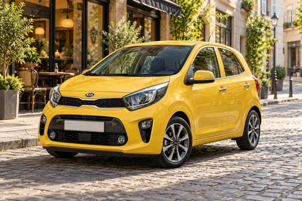 Жёлтая Kia Picanto на небольшой городской улице