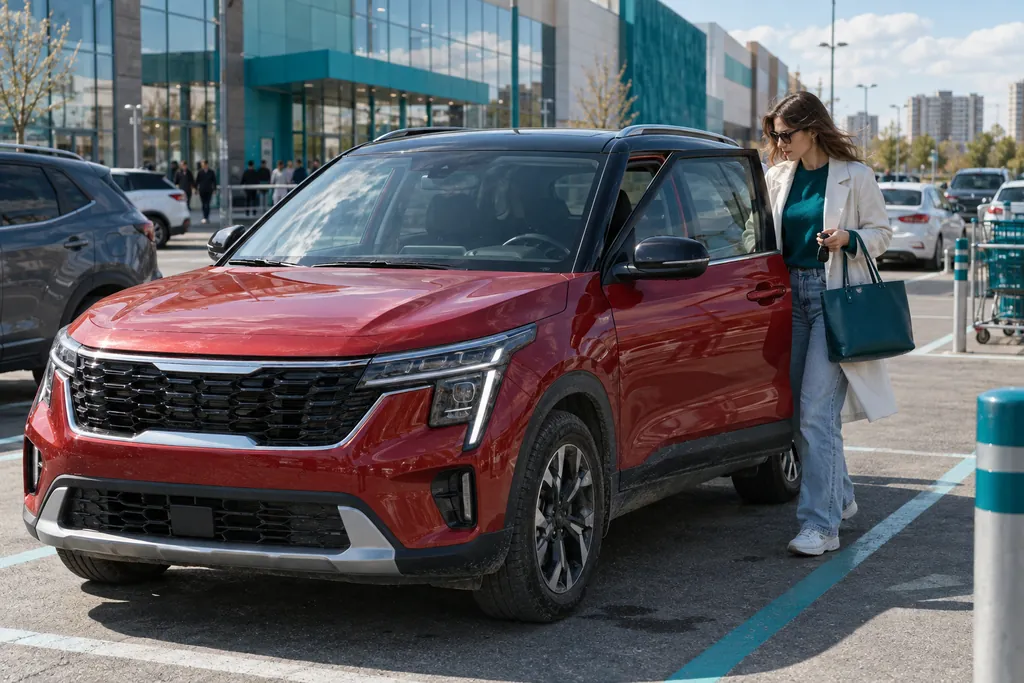 Kia Seltos: молодая женщина выходит из красного компактного кроссовера на парковке торгового центра