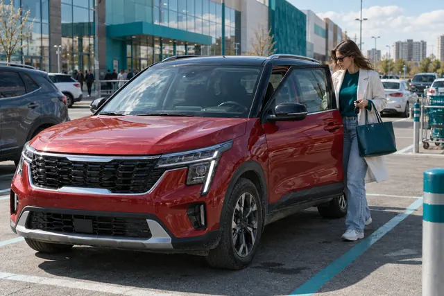 Kia Seltos: молодая женщина выходит из красного компактного кроссовера на парковке торгового центра