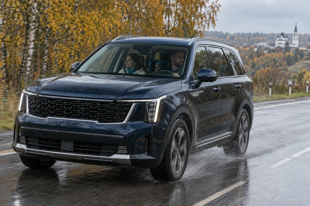 Kia Sorento: тёмно-синий кроссовер четвёртого поколения едет по загородной дороге осенью с семьёй в салоне
