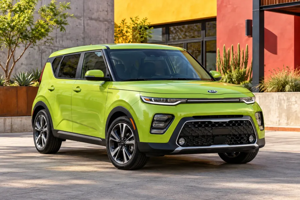 Лаймовый Kia Soul у ярких городских зданий