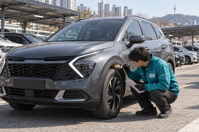 Kia Sportage: сотрудник МироМобиля осматривает серый кроссовер пятого поколения на площадке в Сеуле