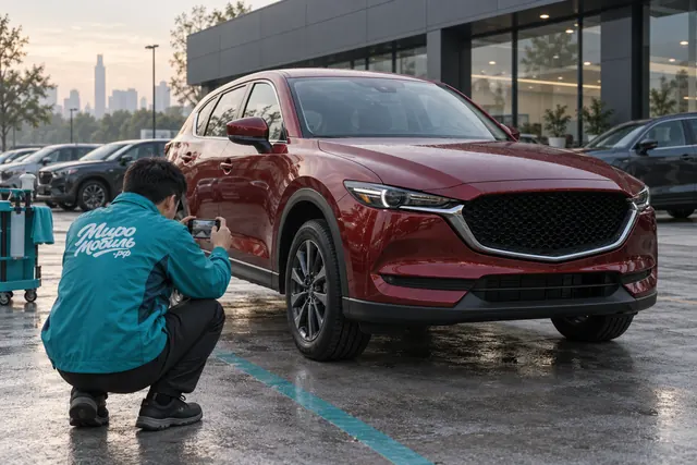 Китайская Mazda: сотрудник МироМобиля снимает на телефон тёмно-красный кроссовер Mazda CX-5 у дилера в Нанкине утром