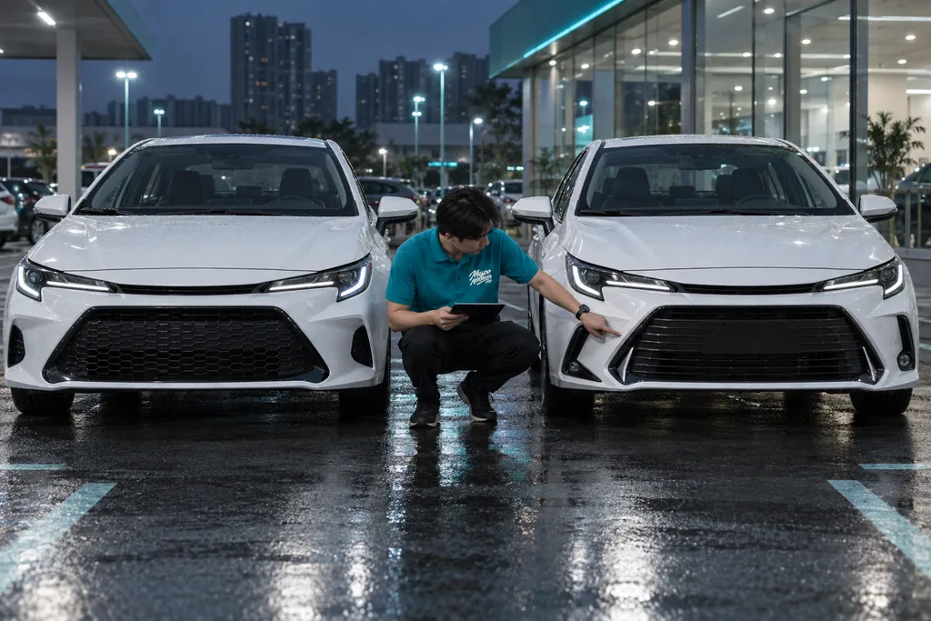 Китайская Toyota: сотрудник МироМобиля присел между двумя белыми седанами Toyota Corolla и Levin у дилера вечером