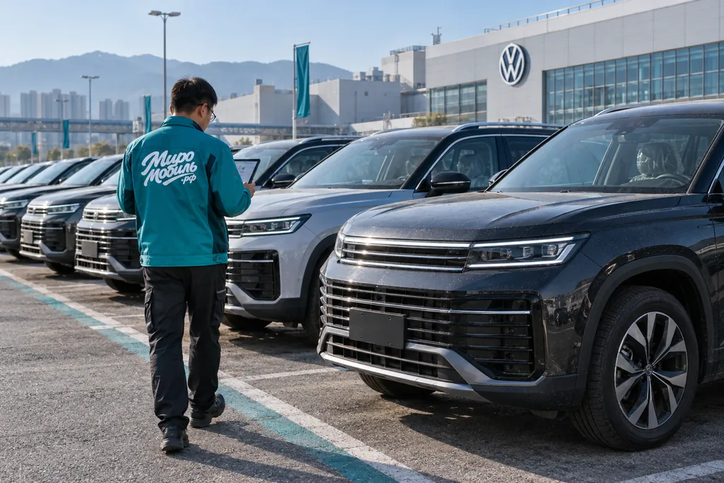 Китайский Volkswagen: сотрудник МироМобиля с планшетом идёт вдоль ряда кроссоверов Volkswagen Tayron у завода утром