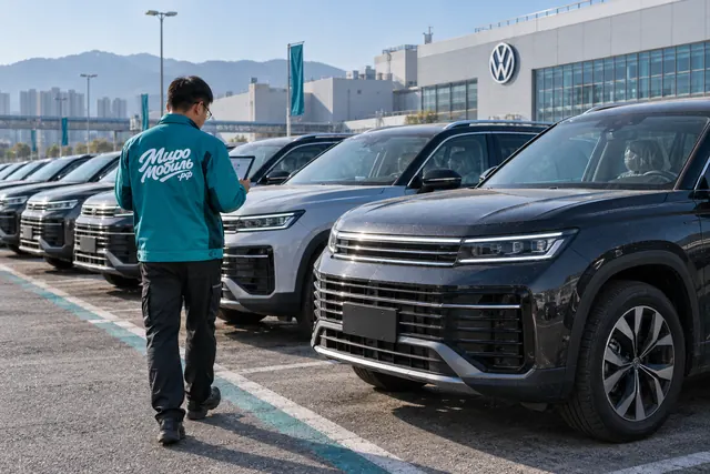 Китайский Volkswagen: сотрудник МироМобиля с планшетом идёт вдоль ряда кроссоверов Volkswagen Tayron у завода утром