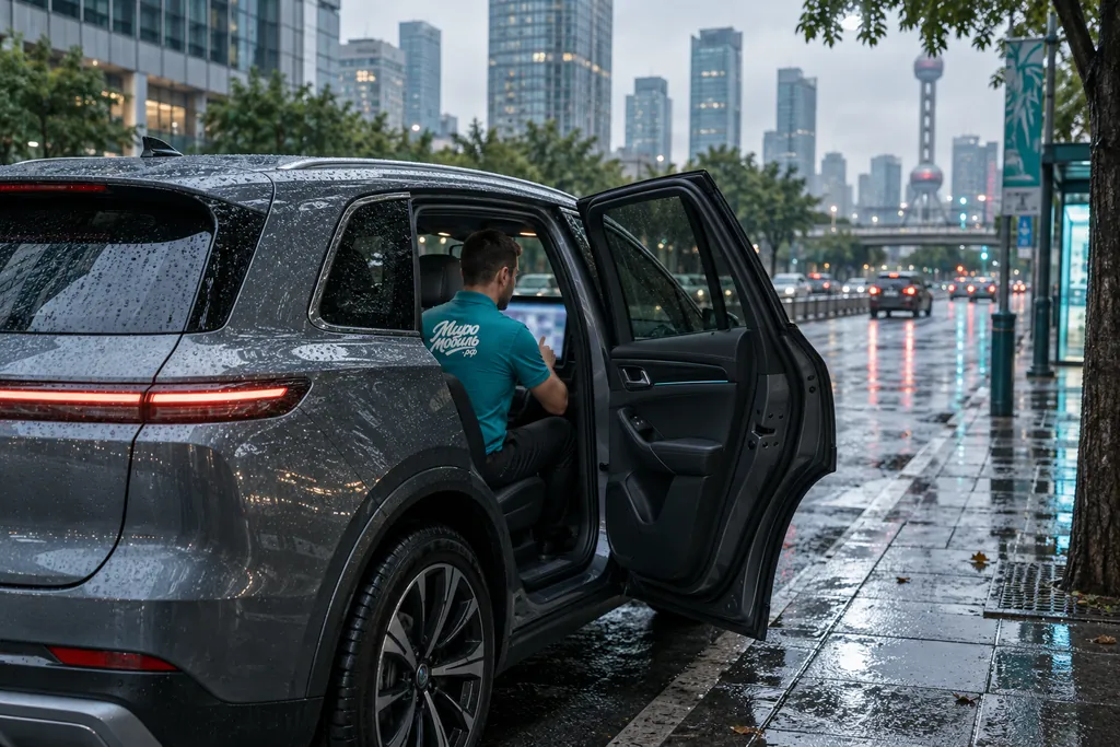 Leapmotor: сотрудник МироМобиля сидит в салоне серого кроссовера с открытой дверью на дождливой улице Шанхая