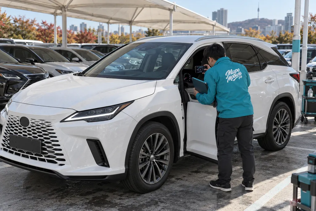 Lexus RX: сотрудник МироМобиля фотографирует приборную панель белого кроссовера пятого поколения на площадке в Сеуле
