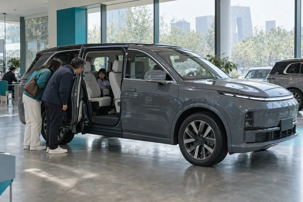 Li Auto L9: семья заглядывает в салон серого шестиместного кроссовера в центре выдачи в Пекине