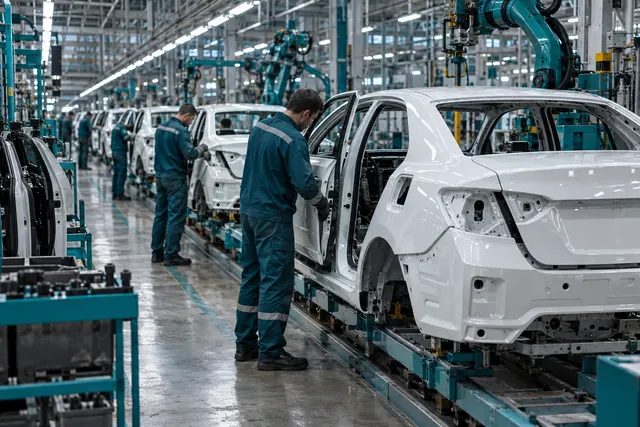 Локализация такси: рабочие собирают кузова белых седанов на конвейере автозавода