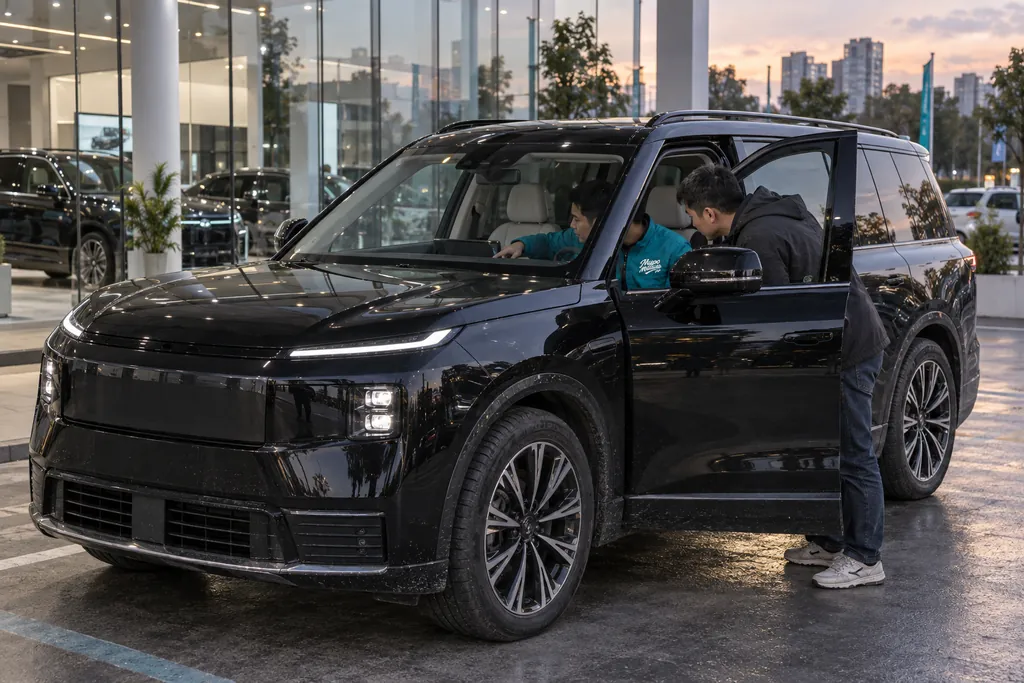 Lynk & Co: сотрудник МироМобиля за рулём большого чёрного кроссовера Lynk & Co 900 показывает салон покупателю