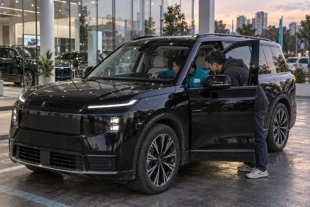 Lynk & Co: сотрудник МироМобиля за рулём большого чёрного кроссовера Lynk & Co 900 показывает салон покупателю