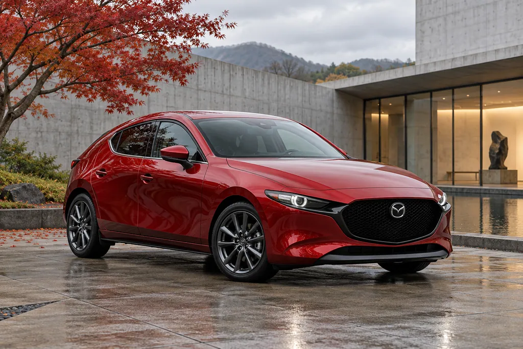Красная Mazda 3 у современного музея