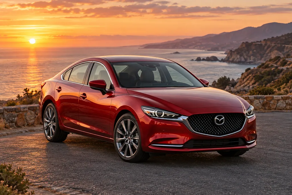 Красная Mazda 6 на дороге у моря