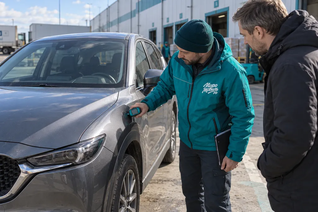 Mazda CX-5: сотрудник МироМобиля проверяет толщиномером краску серого кроссовера