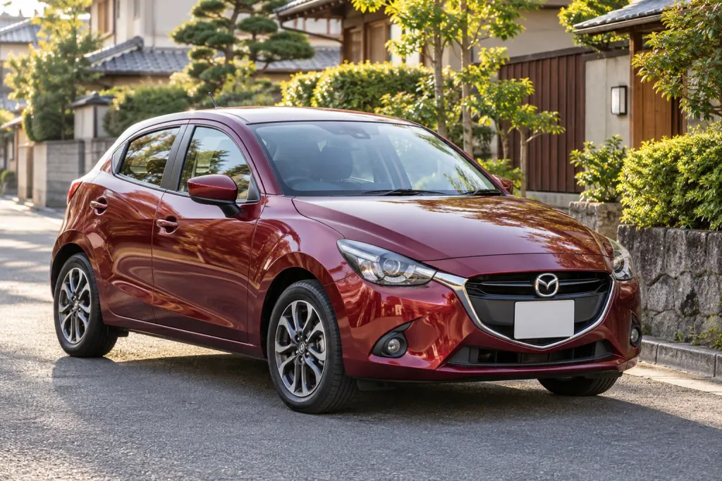 Бордовая Mazda Demio на тихой улице