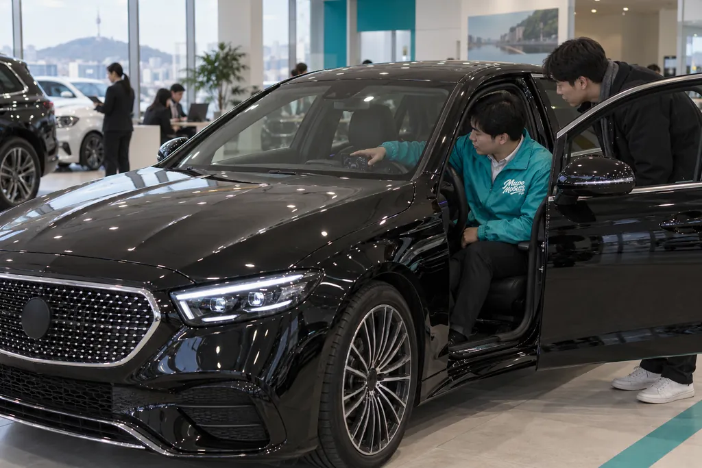 Mercedes-Benz E-Class: сотрудник МироМобиля показывает клиенту пробег чёрного седана в шоуруме в Сеуле