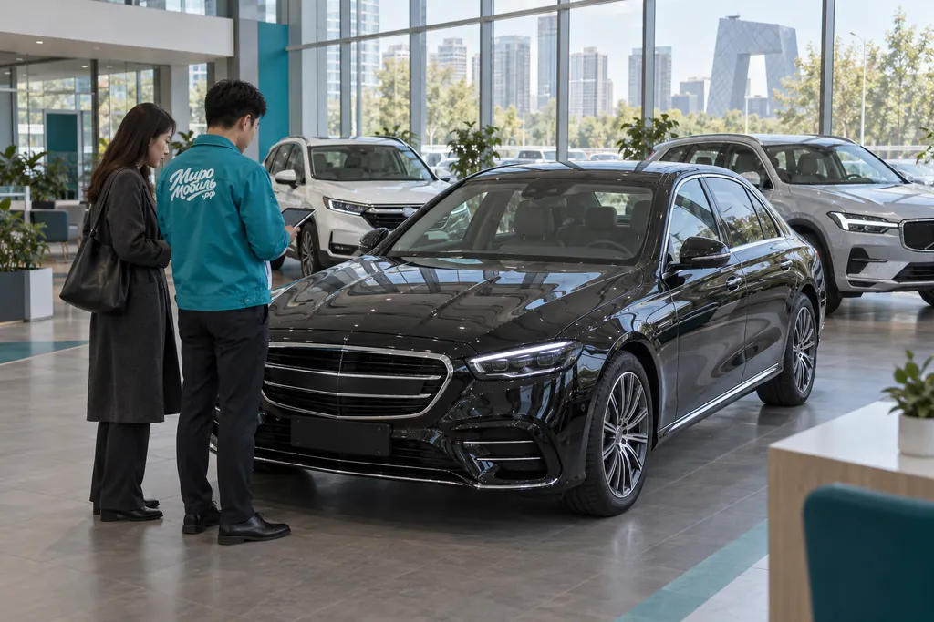 Китайский Mercedes: сотрудник МироМобиля с клиенткой у чёрного седана Mercedes в шоуруме, за ним Honda CR-V и Volvo XC60