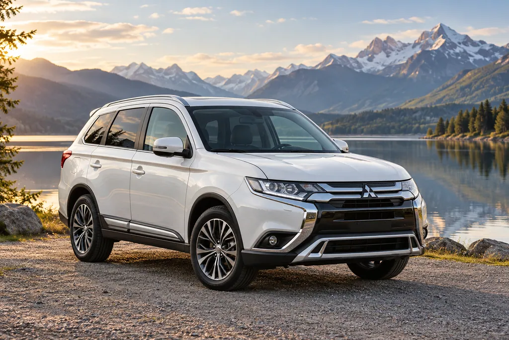 Белый Mitsubishi Outlander у горного озера