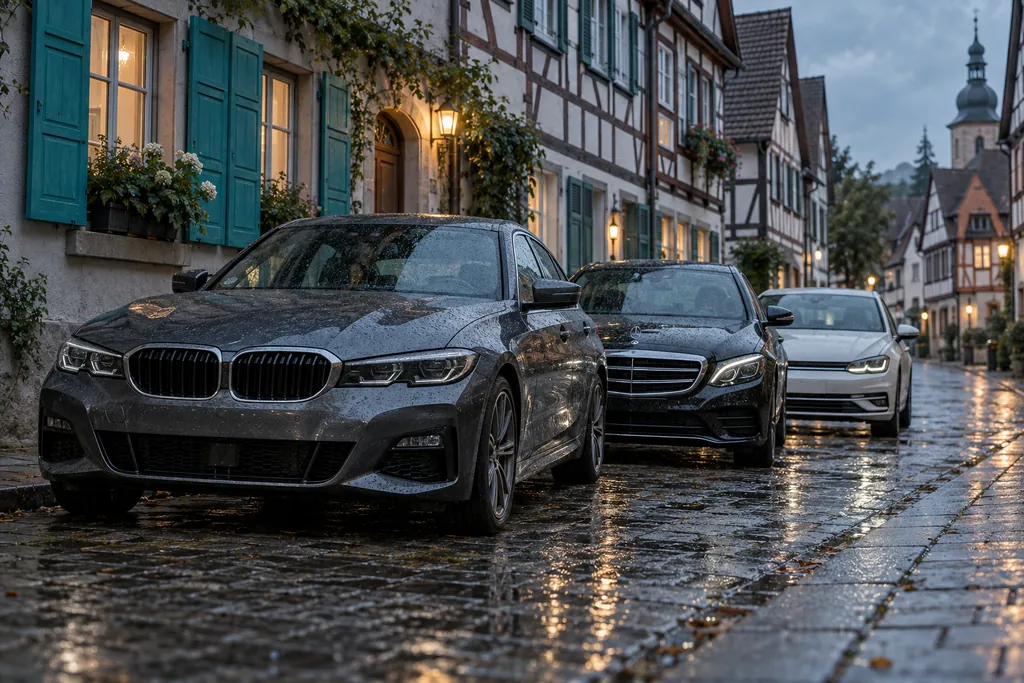 Немецкие марки автомобилей: BMW 3 серии, Mercedes E-класса и Volkswagen Golf у тротуара на улице немецкого городка