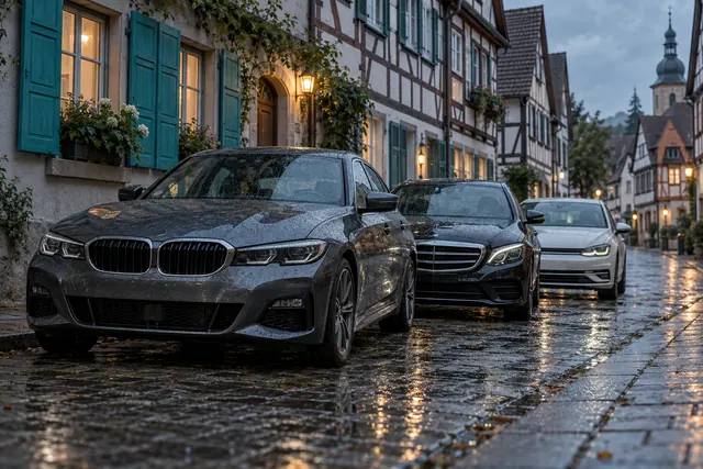 Немецкие марки автомобилей: BMW 3 серии, Mercedes E-класса и Volkswagen Golf у тротуара на улице немецкого городка
