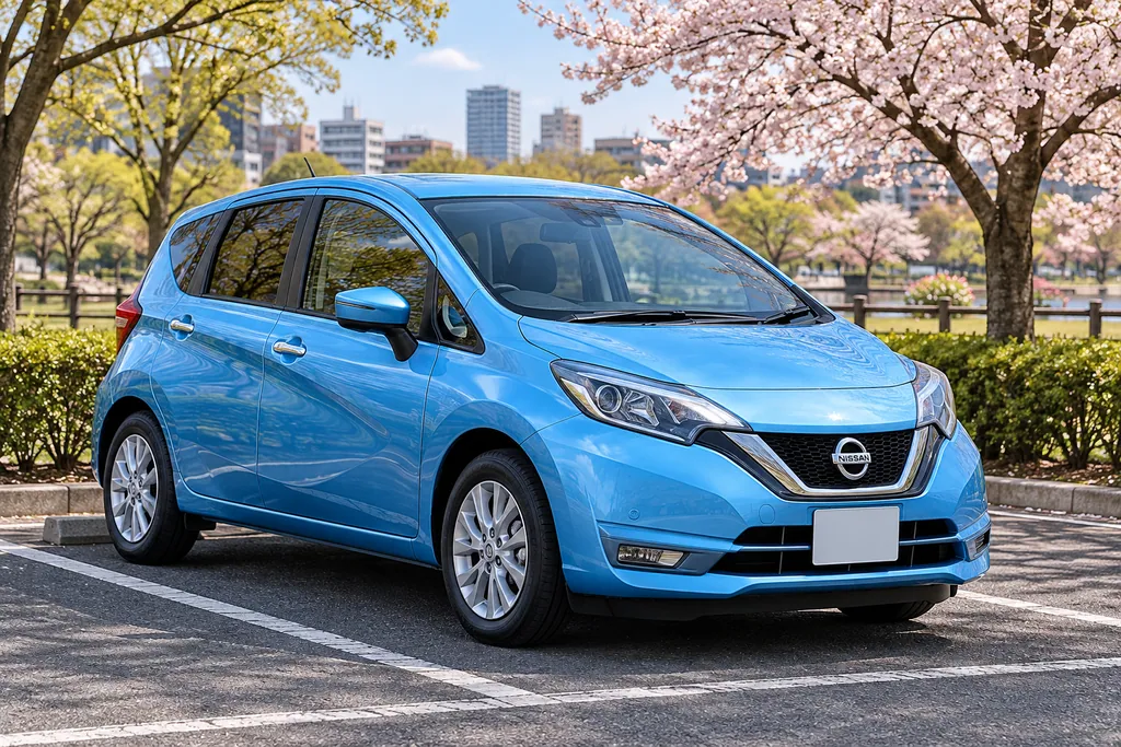Голубой Nissan Note у небольшого парка