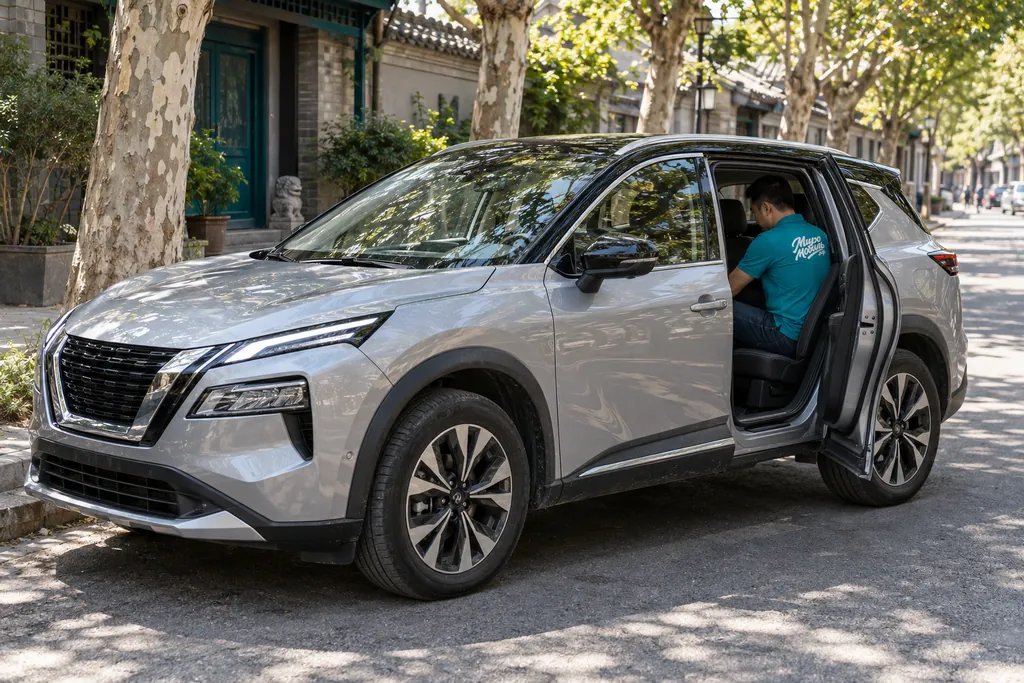 Nissan Qashqai из Китая: сотрудник МироМобиля на втором ряду серебристого кроссовера с V-образной решёткой