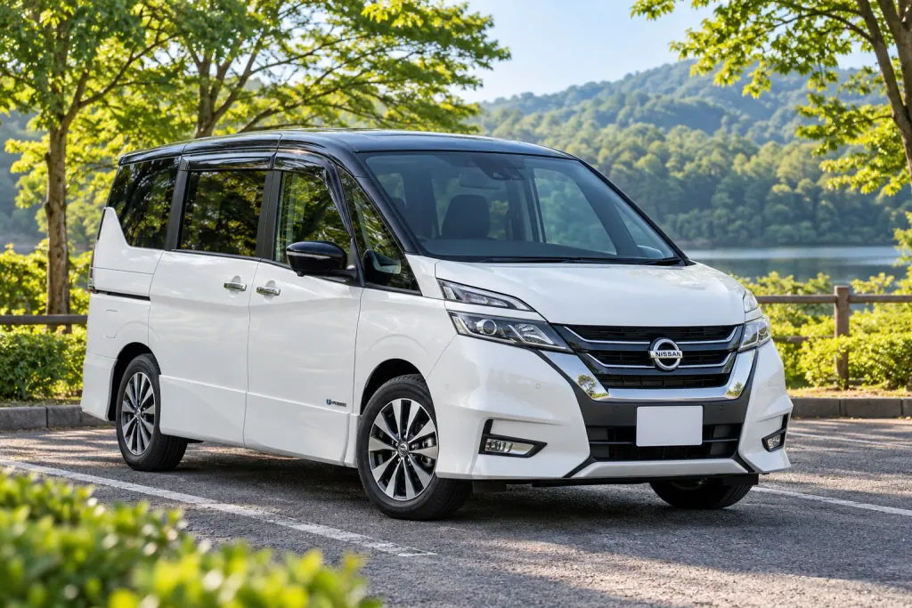 Бело-чёрный минивэн Nissan Serena у парка