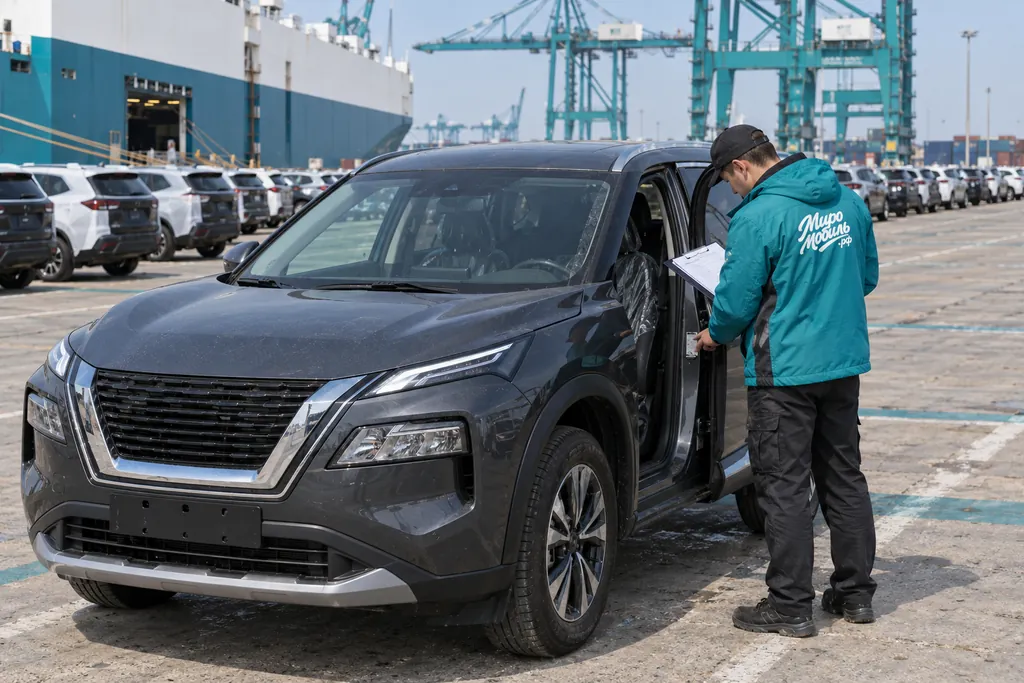 Nissan X-Trail: сотрудник МироМобиля сверяет VIN тёмно-серого кроссовера в китайском порту