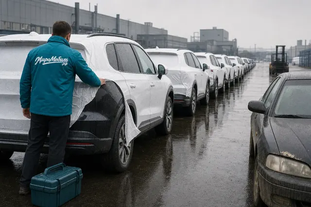 Новые авто из Китая: сотрудник МироМобиля приподнимает плёнку на белом кроссовере в ряду таких же, рядом пыльный седан