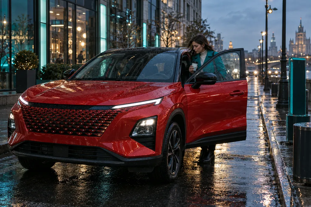 Omoda C5: девушка садится за руль ярко-красного кроссовера на вечерней улице города