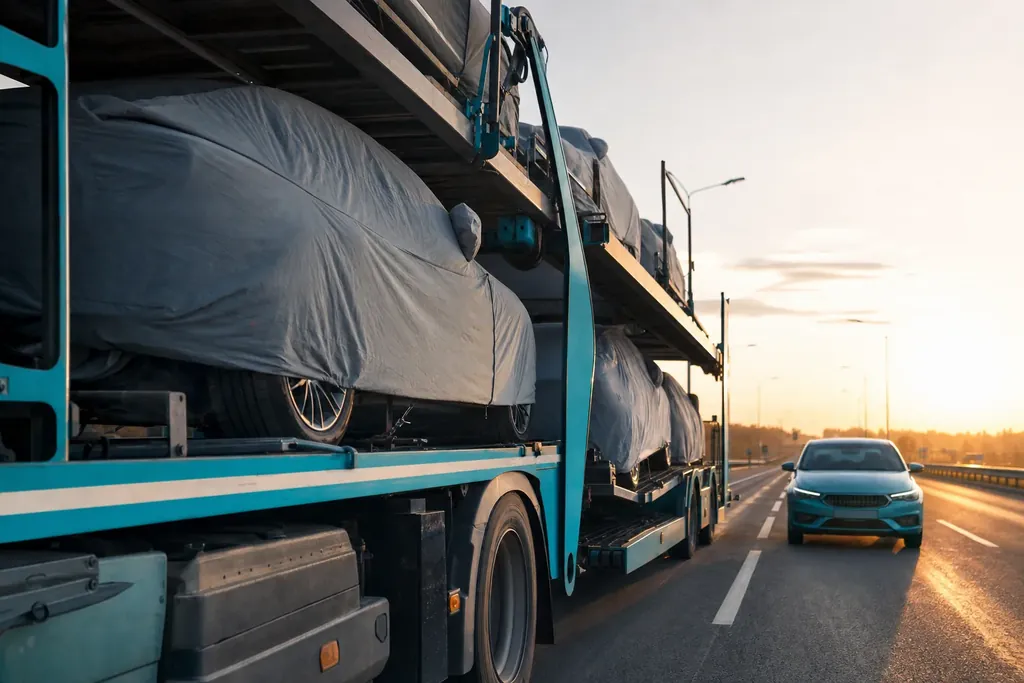 Перегон авто: автовоз с машинами под серыми чехлами едет по трассе в лучах низкого солнца, следом идёт легковушка