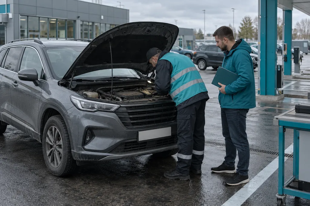 Переоформление автомобиля: инспектор сверяет номер под капотом кроссовера на площадке осмотра