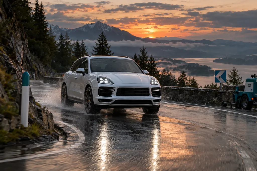 Porsche Cayenne: белый спортивный кроссовер проходит поворот горного серпантина на закате