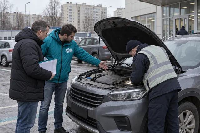 Постановка на учёт авто из Китая: инспектор осматривает кроссовер под капотом, рядом владелец и сотрудник МироМобиля