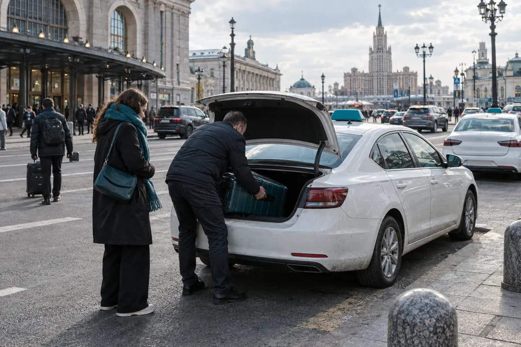 Работа в такси: водитель белого седана с фонарём такси укладывает чемодан пассажирки в багажник у вокзала