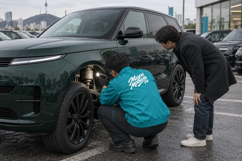 Range Rover Sport: сотрудник МироМобиля проверяет пневмоподвеску тёмно-зелёного внедорожника в Сеуле