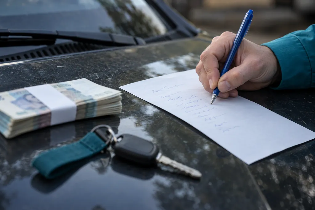 Расписка за автомобиль: продавец пишет расписку от руки на капоте, рядом деньги и ключи