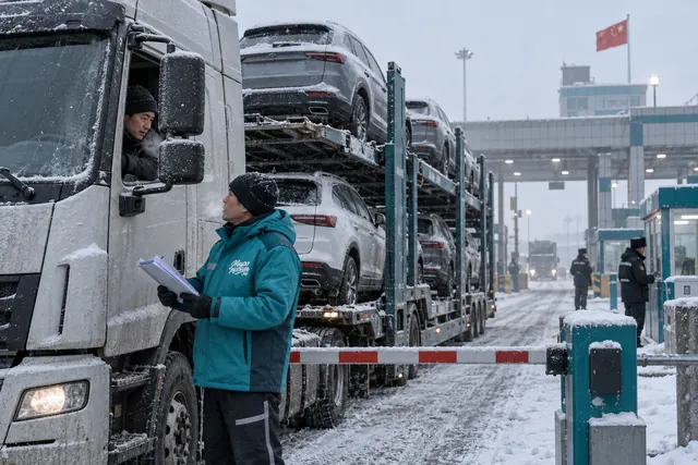 Растаможка авто из Китая в Россию: автовоз с кроссоверами на зимнем пункте пропуска, рядом сотрудник МироМобиля