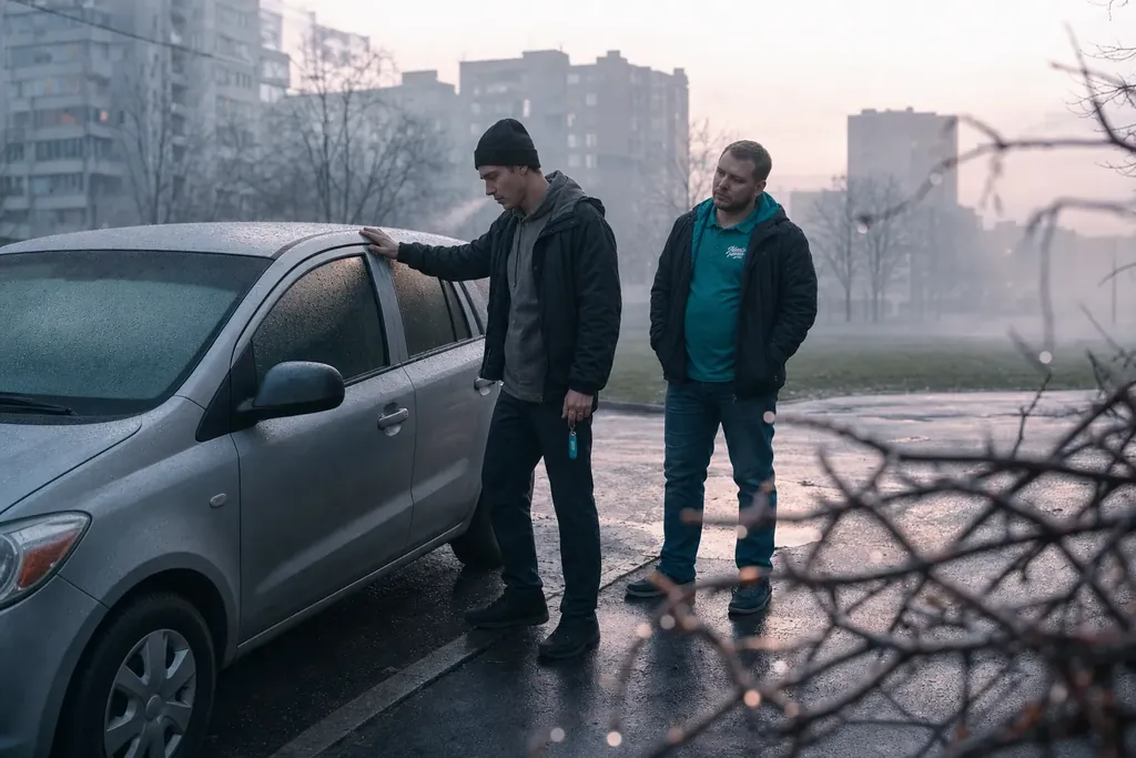 Самый дешёвый китайский автомобиль: парень держит ладонь на крыше серебристого хэтчбека, рядом сотрудник МироМобиля в тумане