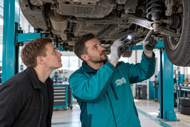 Самый надёжный автомобиль: сотрудник МироМобиля показывает покупателю подвеску седана на подъёмнике