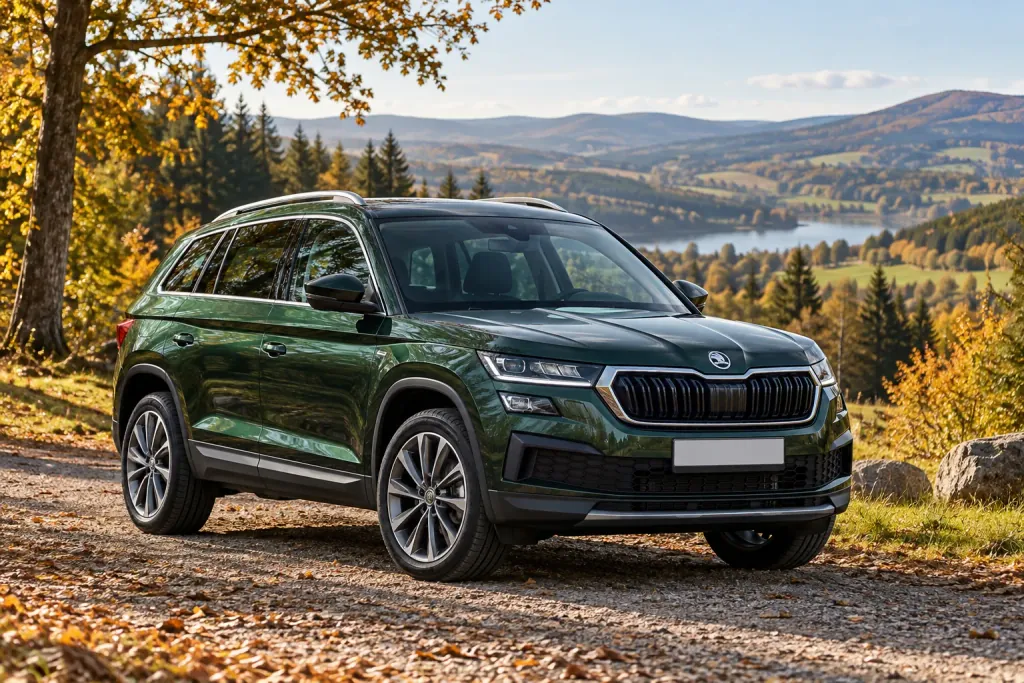 Зелёная Skoda Kodiaq на загородной дороге