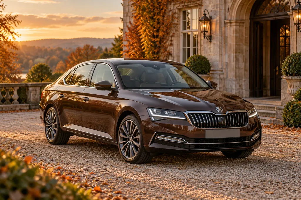 Коричневая Skoda Superb у каменного здания