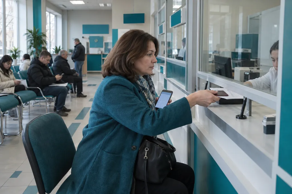 Как снять машину с учёта после продажи: женщина подаёт договор и паспорт в окно регистрационного отделения