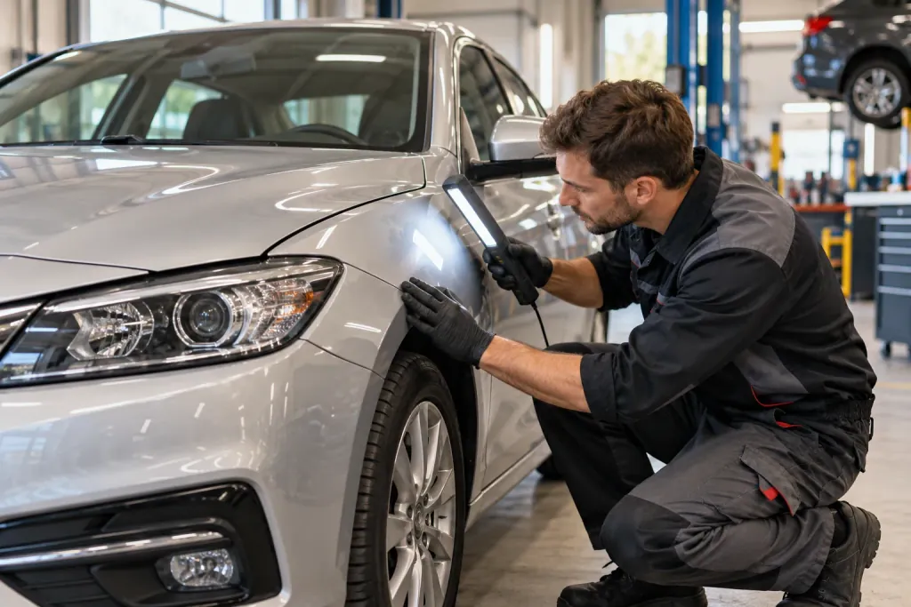 Осмотр зазоров и качества кузовного ремонта автомобиля